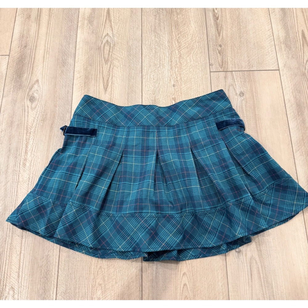 Cherokee Y2K Teal Gingham Plaid Mini Skirt Pleated Velvet Buckle XL 14/16